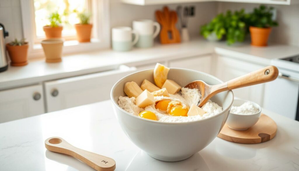 Mixing banana bread ingredients